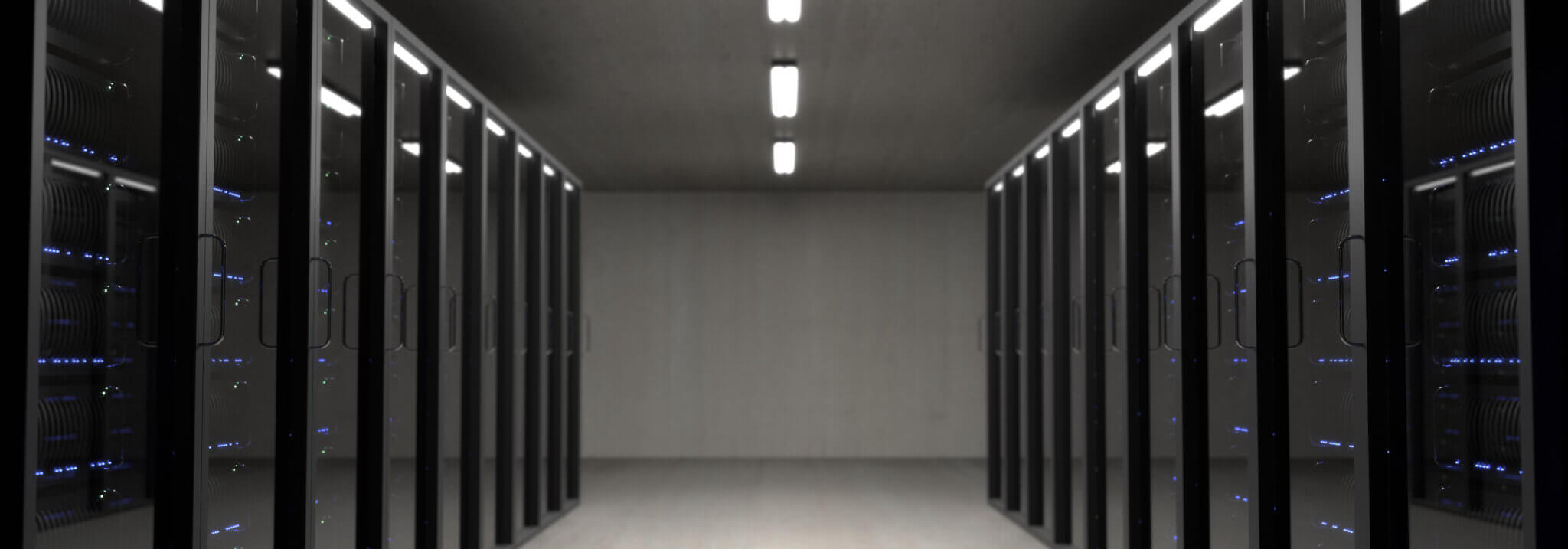 website host servers are lined up in a room with overhead lighting