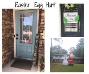 Drawings of easter eggs in windows, palm leaves and christmas inflatables in yards